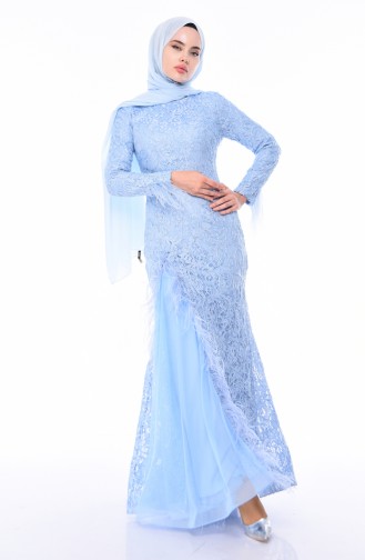 Robe de Soirée à Plumes 4702-03 Bleu Bébé 4702-03