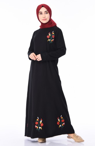 Nakışlı Şile Bezi Elbise 5010-03 Siyah