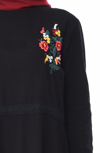 Nakışlı Şile Bezi Elbise 5010-03 Siyah