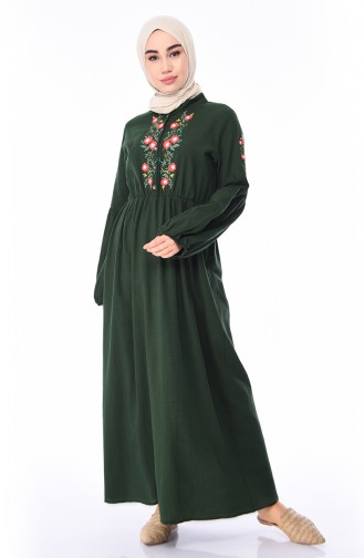 Kolu Lastikli Şile Bezi Elbise 5020-02 Zümrüt Yeşil