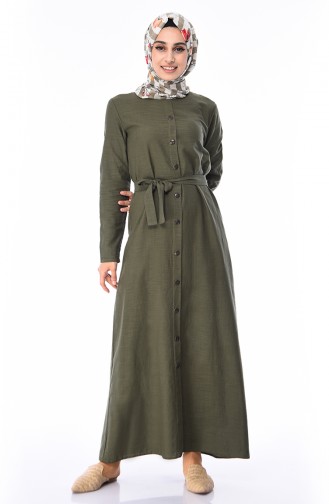 Boydan Düğmeli Yazlık Elbise 6010-01 Haki