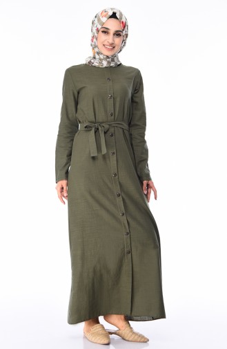 Boydan Düğmeli Yazlık Elbise 6010-01 Haki