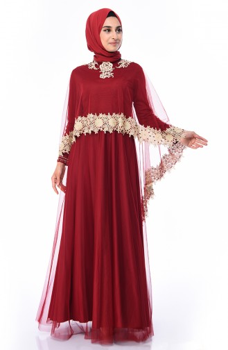 Claret Red Hijab Evening Dress 4428-04
