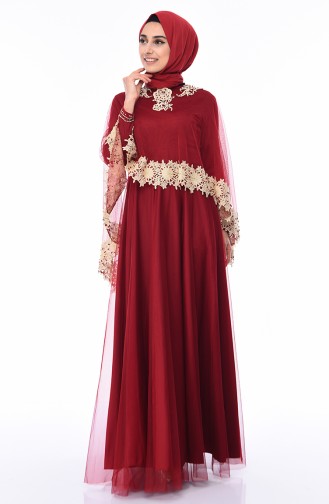 Claret Red Hijab Evening Dress 4428-04