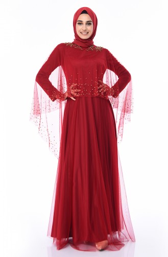 Claret Red Hijab Evening Dress 4570-02