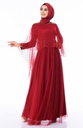 Claret Red Hijab Evening Dress 4570-02