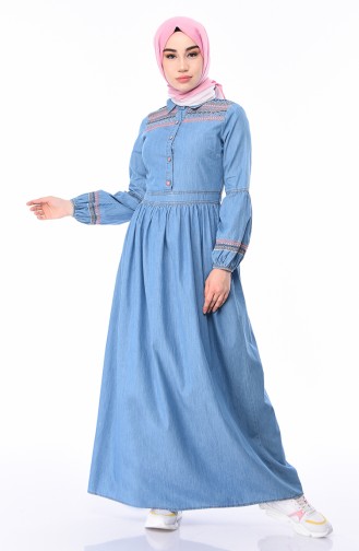 Nakışlı Kot Elbise 5140-02 Kot Mavi
