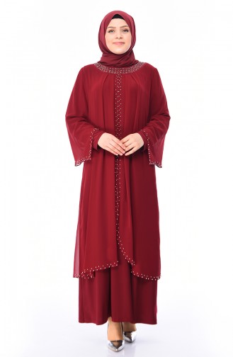 Claret Red Hijab Evening Dress 3142-02