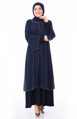 Navy Blue Hijab Evening Dress 3142-02