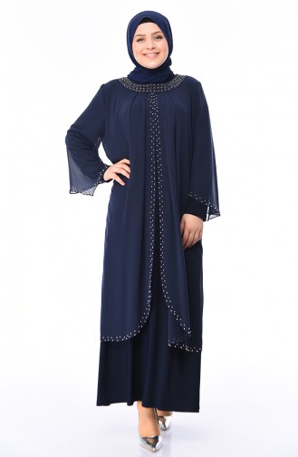 Navy Blue Hijab Evening Dress 3142-02