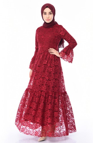 Claret Red Hijab Evening Dress 8177-03