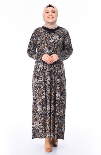Büyük Beden Desenli Elbise 4847-05 Kahverengi