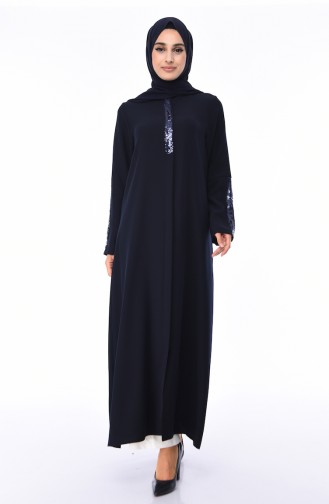 Abaya a Fermeture Détail Paillettes 1041-02 Bleu Marine 1041-02