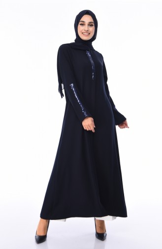 Abaya a Fermeture Détail Paillettes 1041-02 Bleu Marine 1041-02