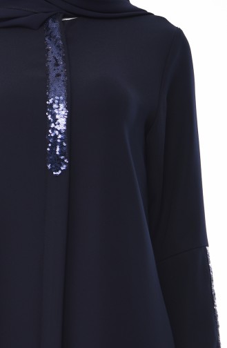 Abaya a Fermeture Détail Paillettes 1041-02 Bleu Marine 1041-02