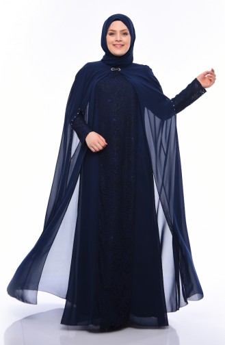 Robe de Soirée Avec Broche Grande Taille 1307-01 Bleu Marine 1307-01