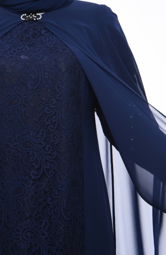 Robe de Soirée Avec Broche Grande Taille 1307-01 Bleu Marine 1307-01