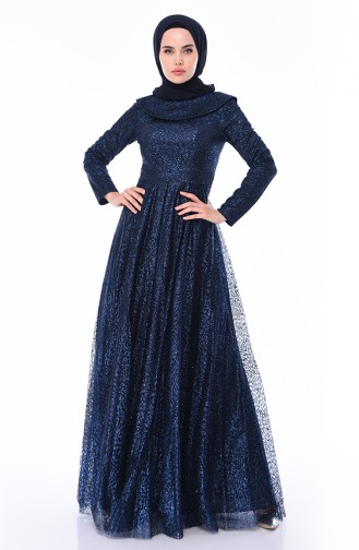 Navy Blue Hijab Evening Dress 4480-02