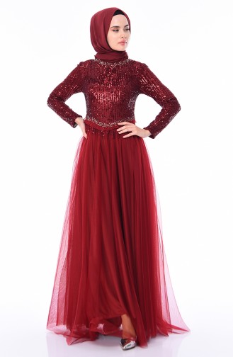 Claret Red Hijab Evening Dress 4700-02