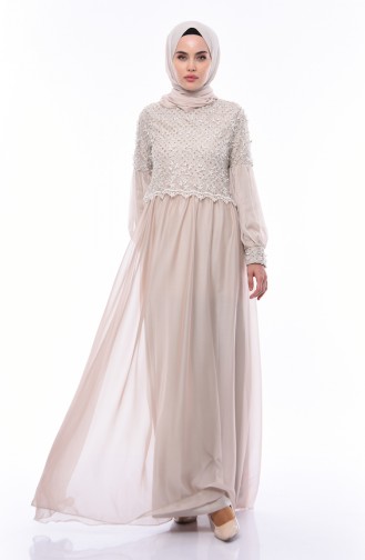 Beige Hijab Evening Dress 8959-01