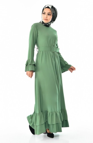 Fırfırlı Kemerli Elbise 4519-06 Çağla Yeşili
