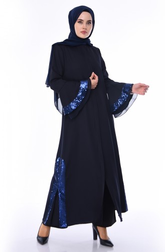 Abaya a Paillettes 0012-02 Bleu Marine 0012-02