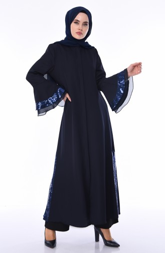 Abaya à Paillettes 0012-02 Bleu Marine 0012-02