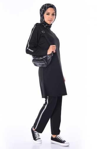 Sim Şeritli Tunik Pantolon İkili Takım 9051-01 Siyah