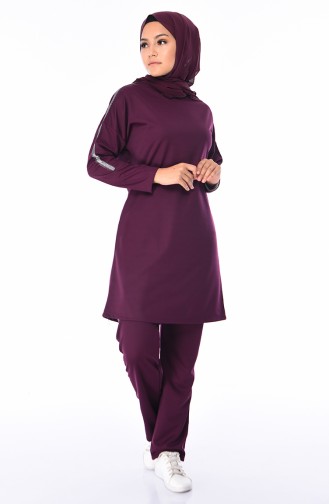 Ensemble Deux Pieces Tunique Pantalon a Paillettes 9051-02 Plum 9051-02