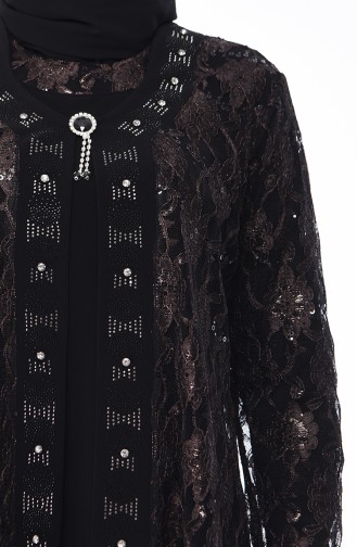 Robe de Soirée avec Broche Grande Taille 1176-01 Noir Vison 1176-01