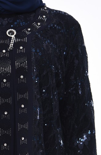 Robe de Soirée avec Broche Grande Taille 1176-04 Bleu Marine 1176-04