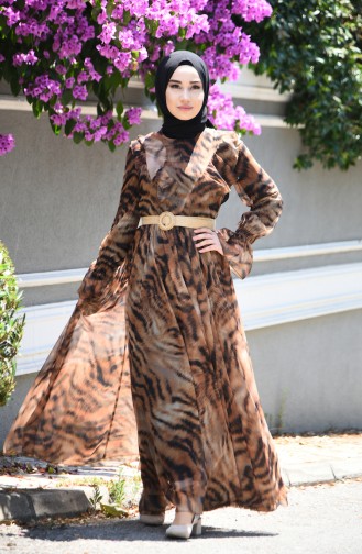 Desenli Şifon Elbise 1013-01 Kahverengi