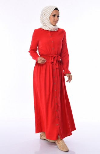 Düğmeli Kuşaklı Elbise 1954-04 Kırmızı