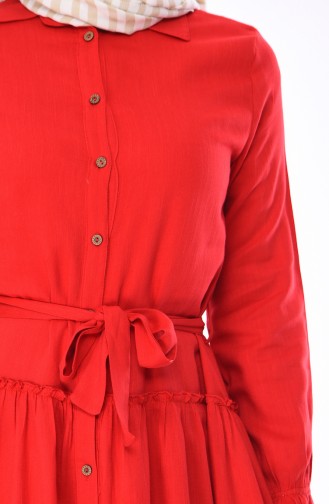 Düğmeli Kuşaklı Elbise 1954-04 Kırmızı
