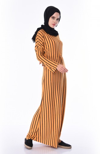 Çizgili Yazlık Elbise 1091-03 Hardal