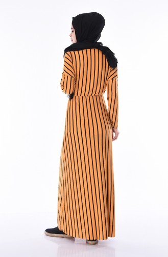 Çizgili Yazlık Elbise 1091-03 Hardal