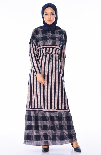 Çizgili Yazlık Elbise 1091A-03 Pudra Lacivert