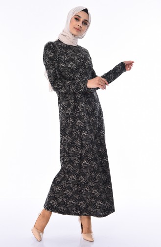Büyük Beden Desenli Elbise 8827-01 Siyah