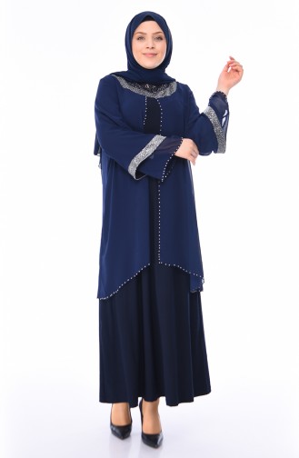 Robe de Soirée Perlées Grande Taille 3144-04 Bleu Marine 3144-04