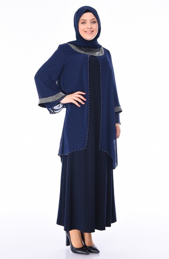 Navy Blue Hijab Evening Dress 3144-04