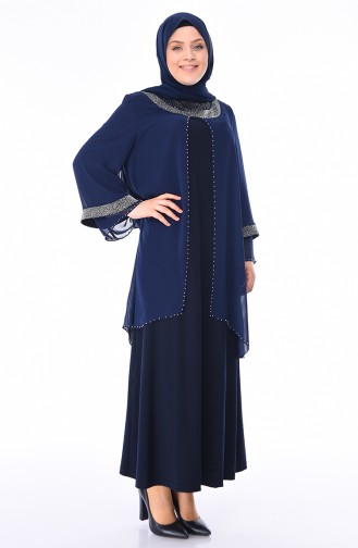 Robe de Soirée Perlées Grande Taille 3144-04 Bleu Marine 3144-04