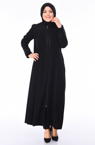 Grosse Grösse Perlen Abaya mit Band 5932-01 Schwarz 5932-01