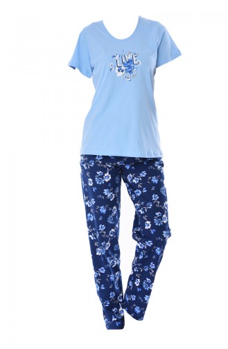 Bayan Sıfır Yaka Kısa Kollu Pijama Takımı 810180-01 Mavi