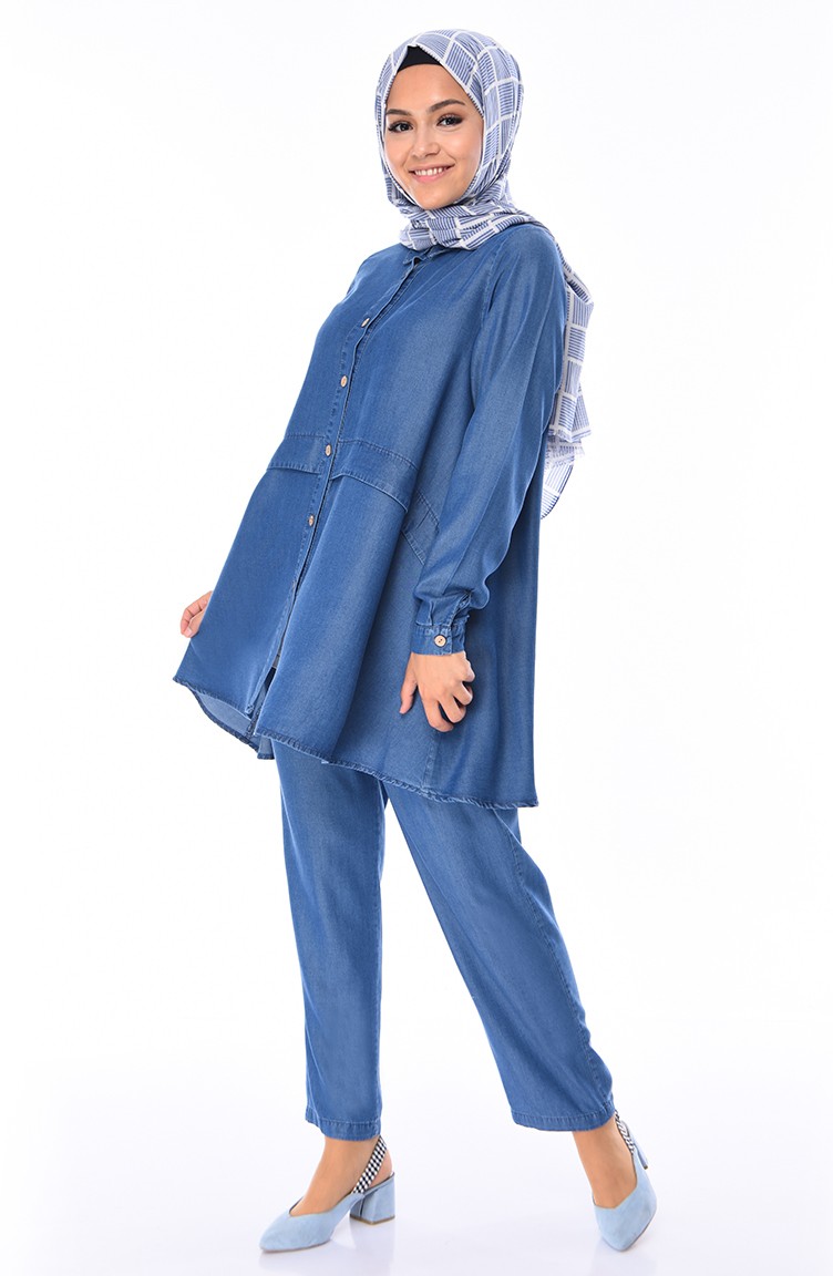 Düğmeli Tunik Pantolon İkili Takım 6301-01 Kot Mavi