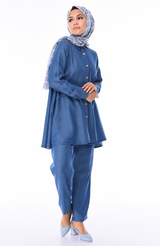 Düğmeli Tunik Pantolon İkili Takım 6301-01 Kot Mavi