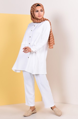 Düğmeli Tunik Pantolon İkili Takım 6301-05 Beyaz