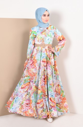 Gemusterter Chiffon Kleid  1012-01 Weiss Grün 1012-01
