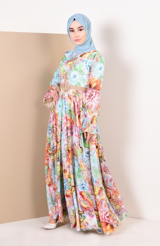Gemusterter Chiffon Kleid  1012-01 Weiss Grün 1012-01