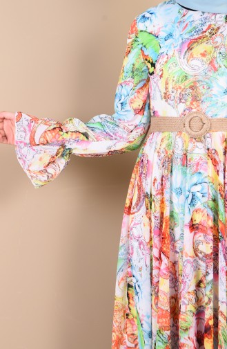 Gemusterter Chiffon Kleid  1012-01 Weiss Grün 1012-01