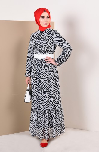 Büzgülü Şifon Elbise 0143G-01 Ekru Siyah
